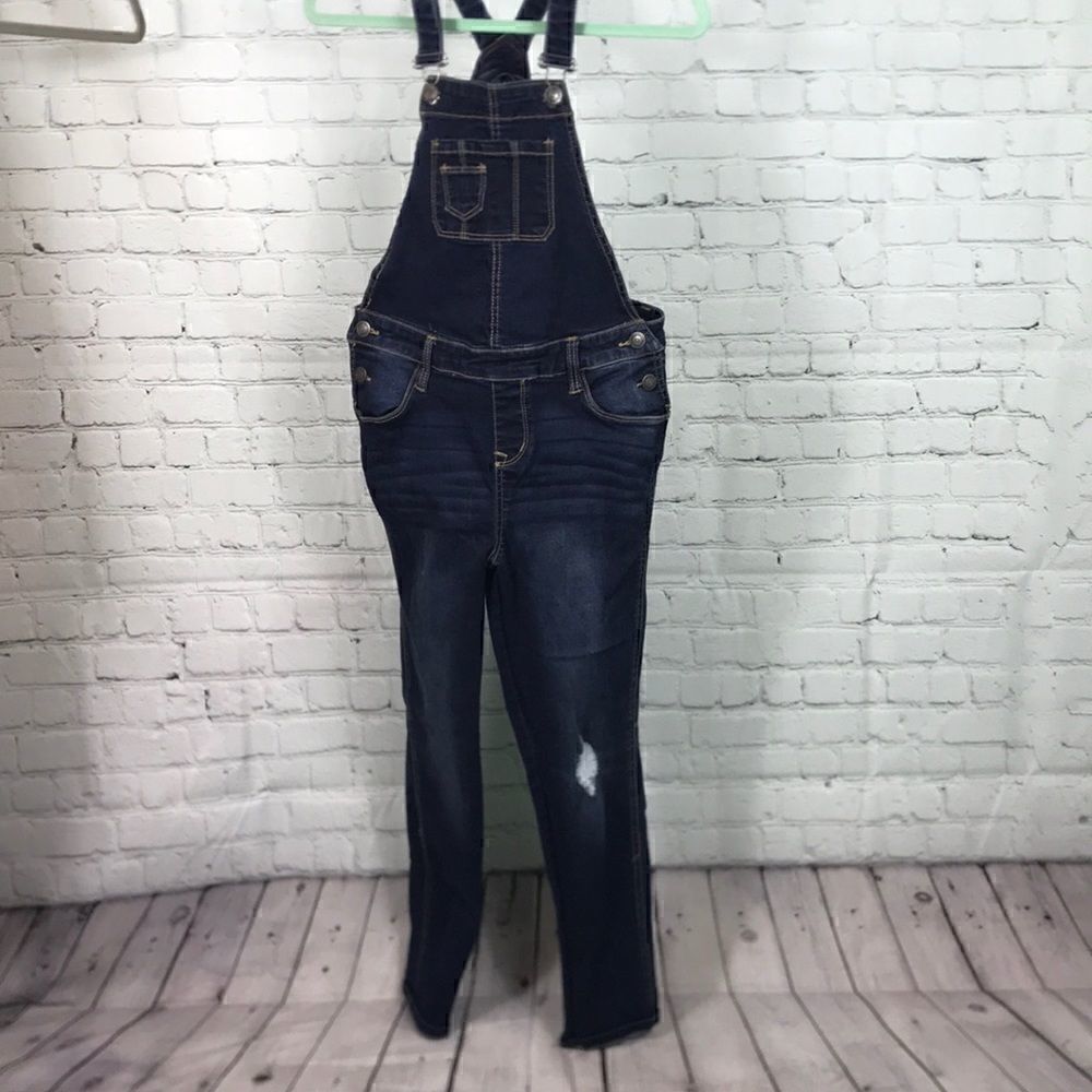 Vigoss Studio V Denim overalls stretchy distress adj. straps skinny Size EUC